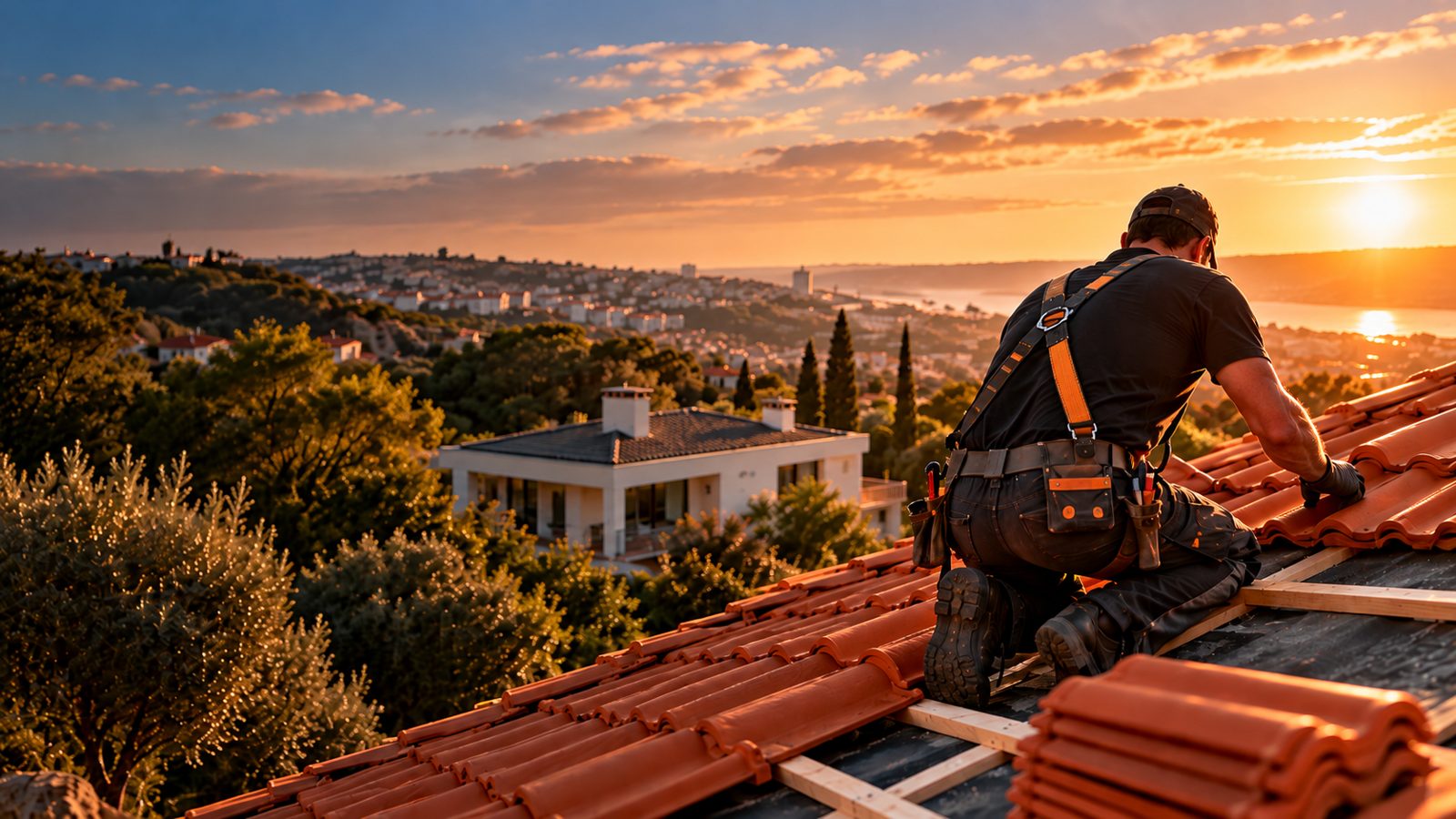 Técnico a remodelar um telhado de telha cerâmica ao pôr do sol
