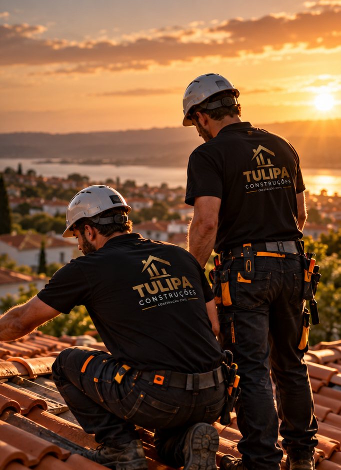 Equipa da Tulipa Construções a trabalhar num telhado